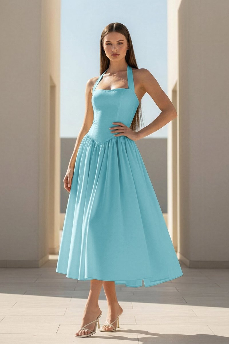 Yellow Halter A Line Satin Pleated Tea Length Wedding Guest Dress - Curvevia