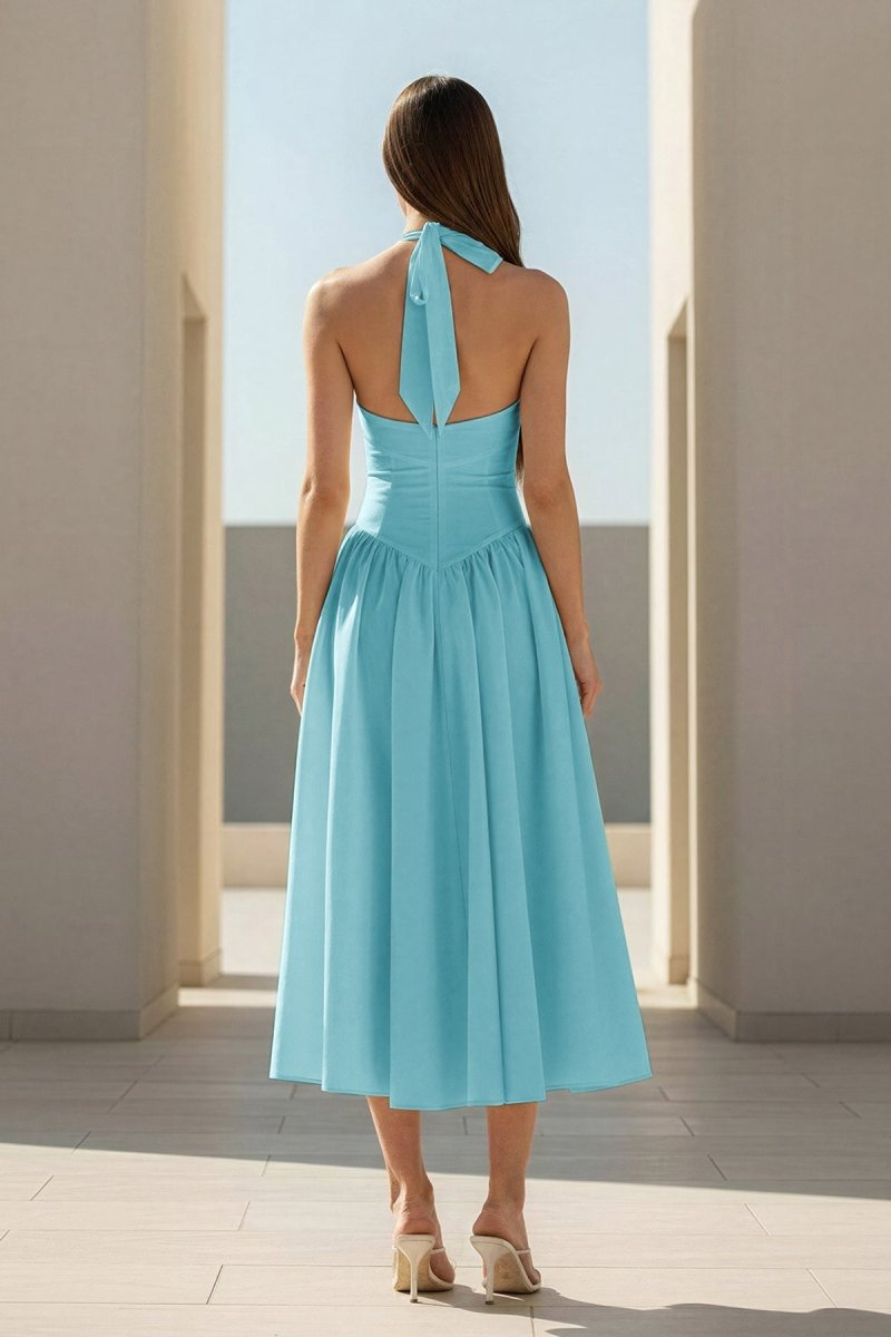 Yellow Halter A Line Satin Pleated Tea Length Wedding Guest Dress - Curvevia