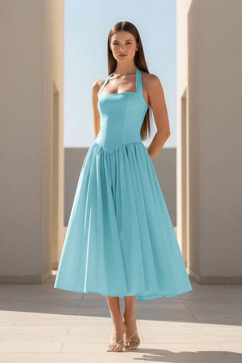 Yellow Halter A Line Satin Pleated Tea Length Wedding Guest Dress - Curvevia