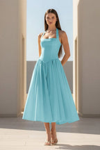 Yellow Halter A Line Satin Pleated Tea Length Wedding Guest Dress - Curvevia