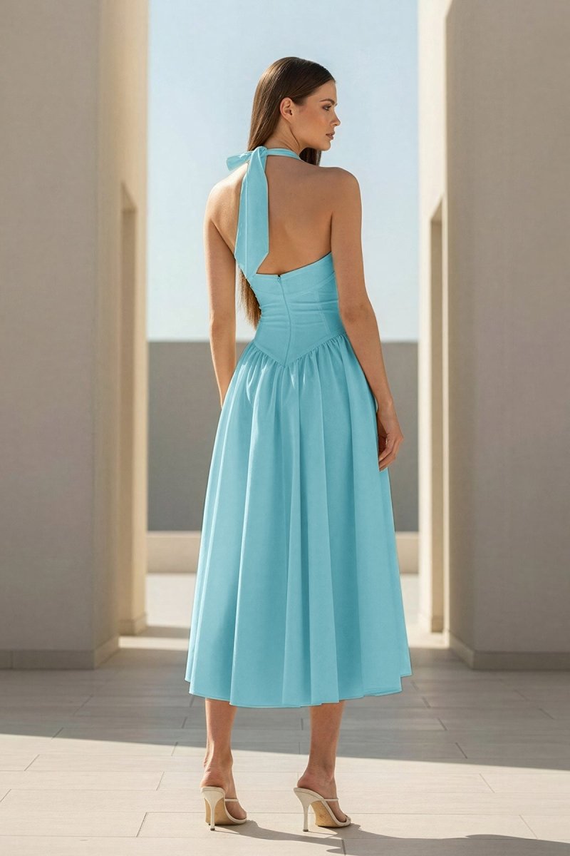 Yellow Halter A Line Satin Pleated Tea Length Wedding Guest Dress - Curvevia