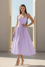 Yellow Halter A Line Satin Pleated Tea Length Wedding Guest Dress - Curvevia