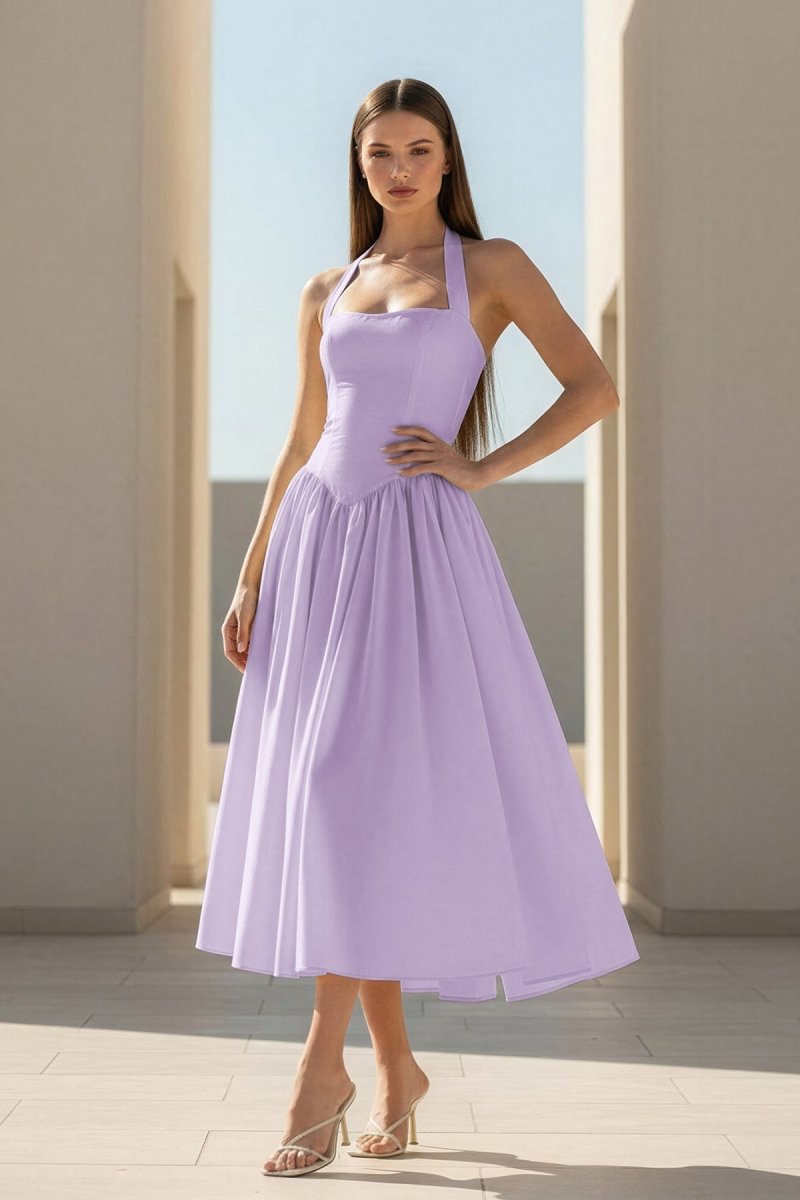 Yellow Halter A Line Satin Pleated Tea Length Wedding Guest Dress - Curvevia