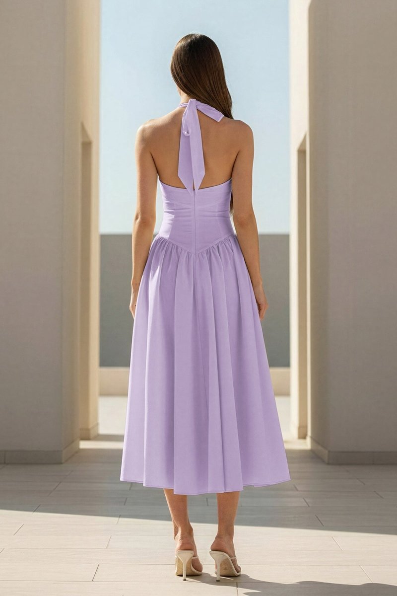 Yellow Halter A Line Satin Pleated Tea Length Wedding Guest Dress - Curvevia