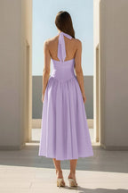 Yellow Halter A Line Satin Pleated Tea Length Wedding Guest Dress - Curvevia