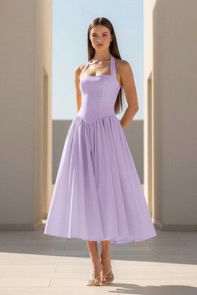 Yellow Halter A Line Satin Pleated Tea Length Wedding Guest Dress - Curvevia