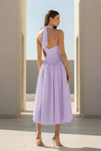 Yellow Halter A Line Satin Pleated Tea Length Wedding Guest Dress - Curvevia