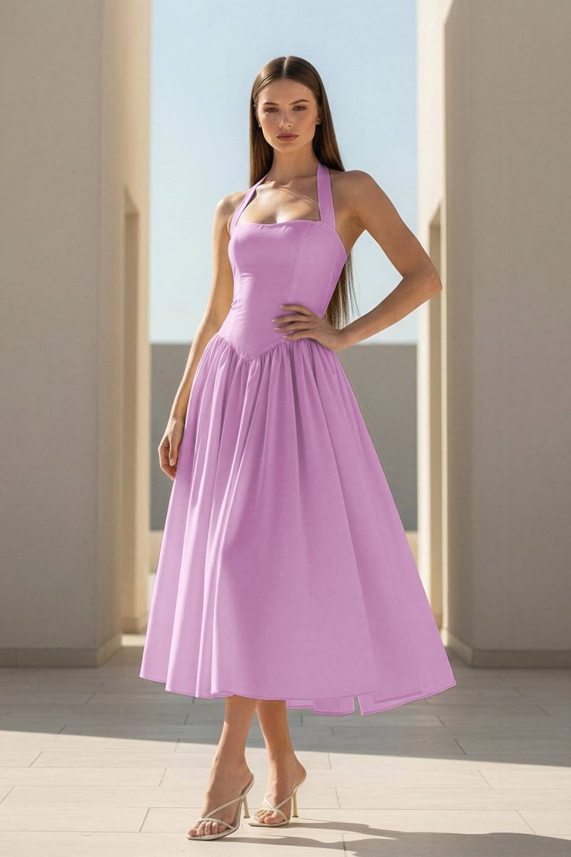 Yellow Halter A Line Satin Pleated Tea Length Wedding Guest Dress - Curvevia