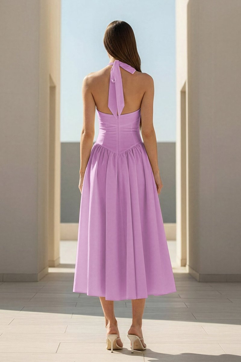 Yellow Halter A Line Satin Pleated Tea Length Wedding Guest Dress - Curvevia