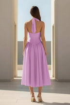 Yellow Halter A Line Satin Pleated Tea Length Wedding Guest Dress - Curvevia