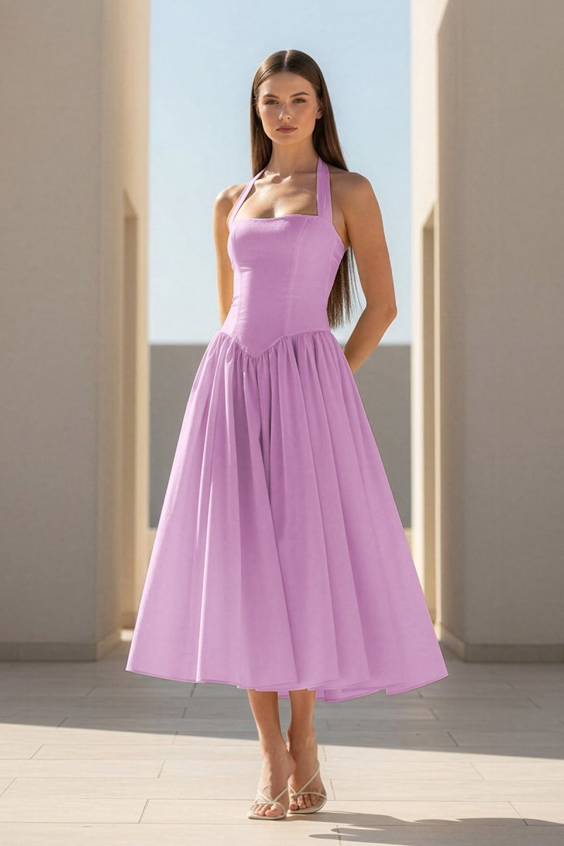 Yellow Halter A Line Satin Pleated Tea Length Wedding Guest Dress - Curvevia