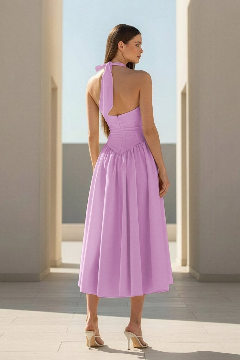 Yellow Halter A Line Satin Pleated Tea Length Wedding Guest Dress - Curvevia
