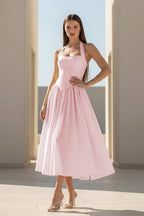 Yellow Halter A Line Satin Pleated Tea Length Wedding Guest Dress - Curvevia