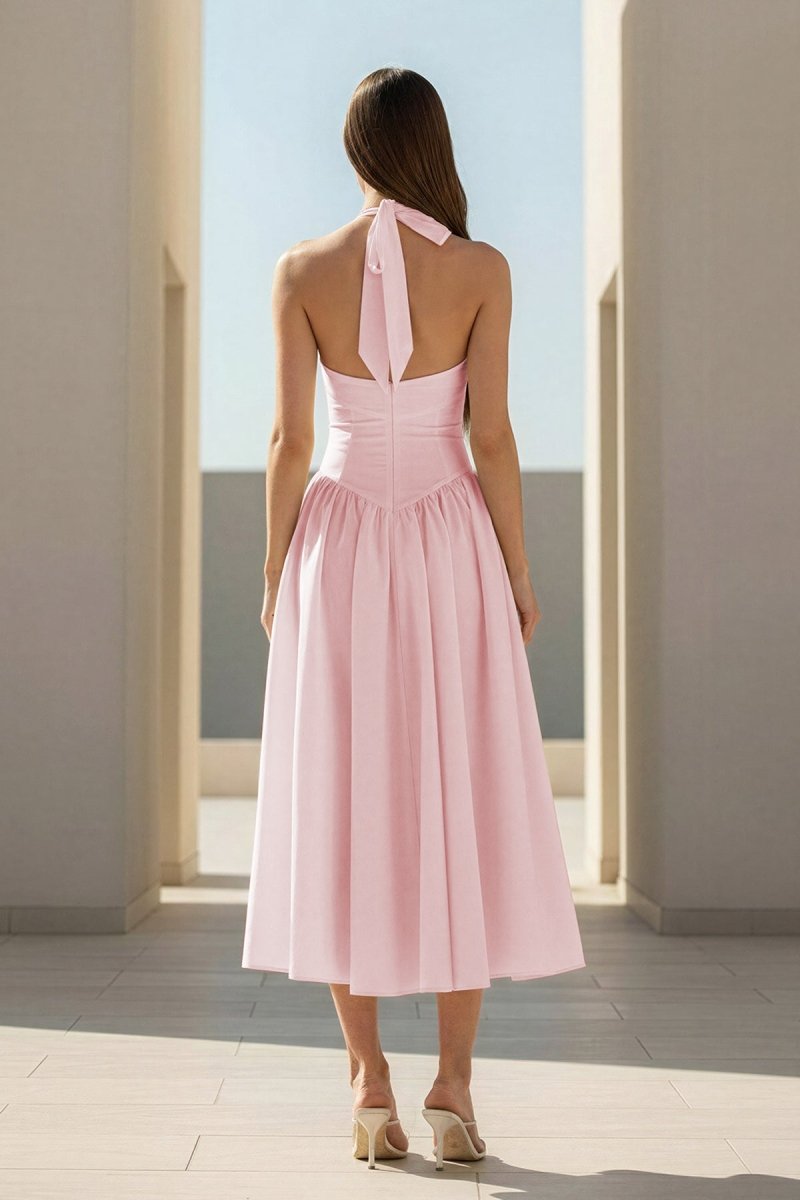 Yellow Halter A Line Satin Pleated Tea Length Wedding Guest Dress - Curvevia