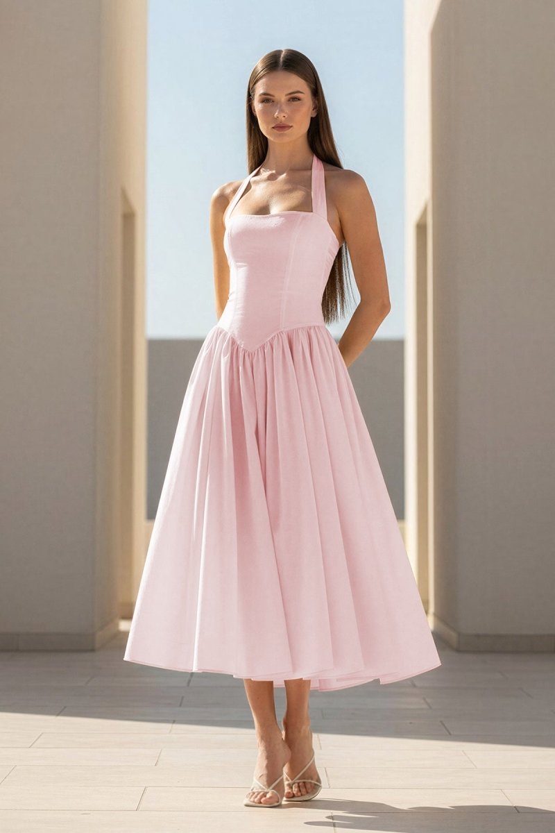 Yellow Halter A Line Satin Pleated Tea Length Wedding Guest Dress - Curvevia