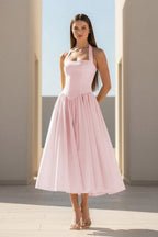 Yellow Halter A Line Satin Pleated Tea Length Wedding Guest Dress - Curvevia