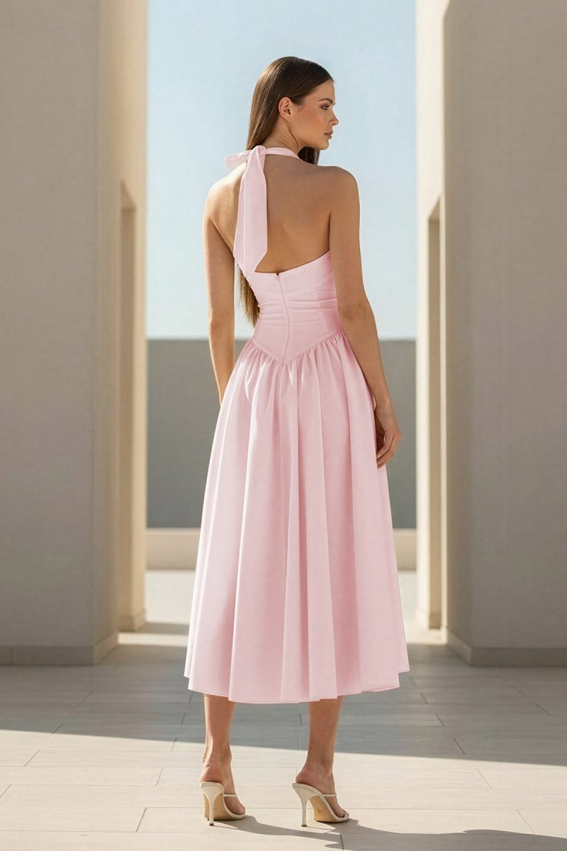 Yellow Halter A Line Satin Pleated Tea Length Wedding Guest Dress - Curvevia