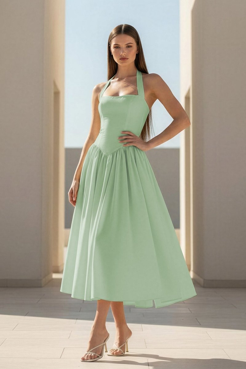 Yellow Halter A Line Satin Pleated Tea Length Wedding Guest Dress - Curvevia