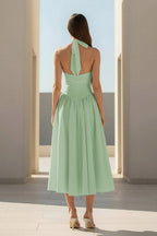 Yellow Halter A Line Satin Pleated Tea Length Wedding Guest Dress - Curvevia