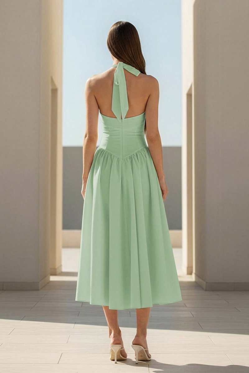 Yellow Halter A Line Satin Pleated Tea Length Wedding Guest Dress - Curvevia