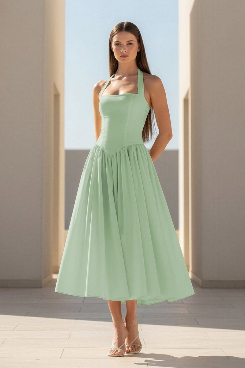 Yellow Halter A Line Satin Pleated Tea Length Wedding Guest Dress - Curvevia