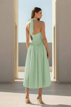 Yellow Halter A Line Satin Pleated Tea Length Wedding Guest Dress - Curvevia