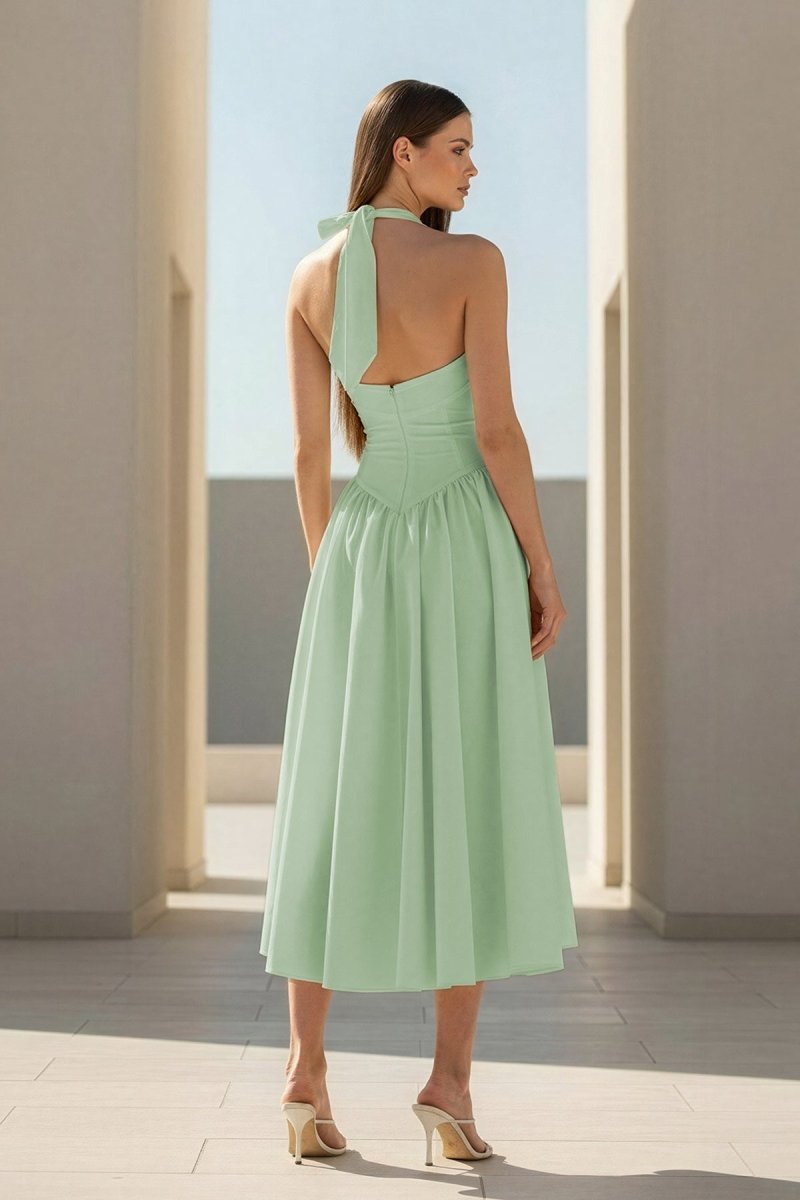 Yellow Halter A Line Satin Pleated Tea Length Wedding Guest Dress - Curvevia