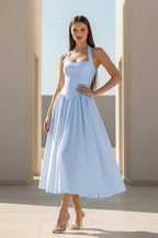 Yellow Halter A Line Satin Pleated Tea Length Wedding Guest Dress - Curvevia