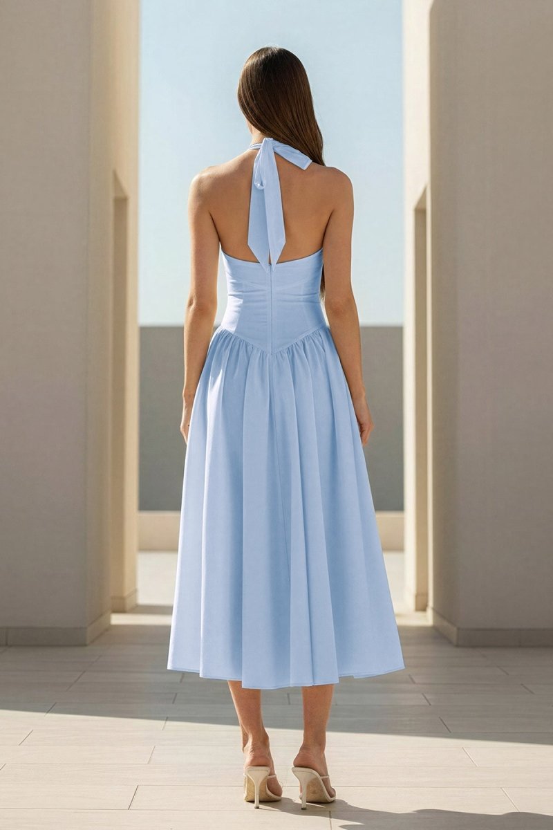 Yellow Halter A Line Satin Pleated Tea Length Wedding Guest Dress - Curvevia