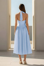 Yellow Halter A Line Satin Pleated Tea Length Wedding Guest Dress - Curvevia