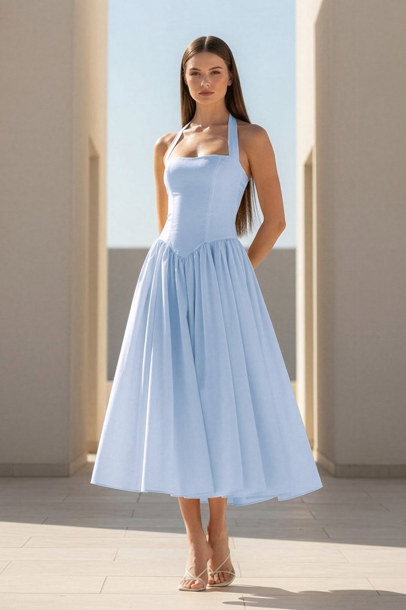 Yellow Halter A Line Satin Pleated Tea Length Wedding Guest Dress - Curvevia
