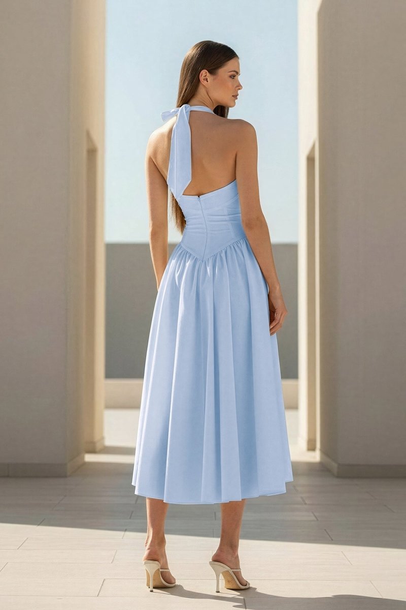 Yellow Halter A Line Satin Pleated Tea Length Wedding Guest Dress - Curvevia