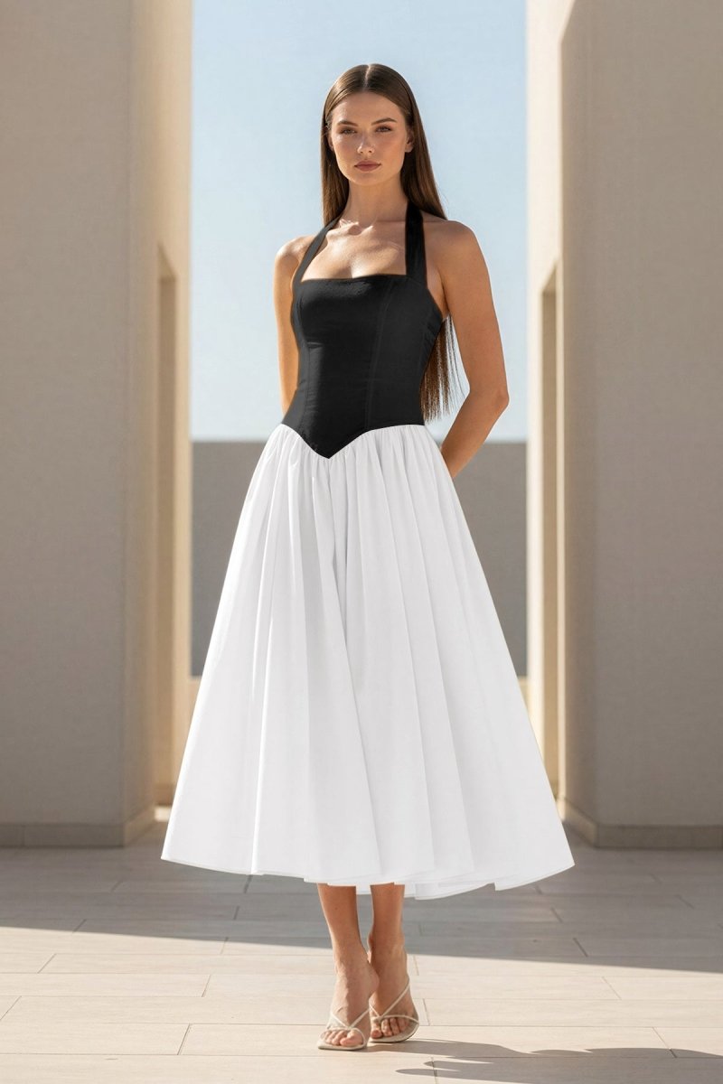 Yellow Halter A Line Satin Pleated Tea Length Wedding Guest Dress - Curvevia