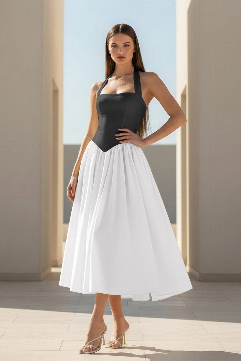 Yellow Halter A Line Satin Pleated Tea Length Wedding Guest Dress - Curvevia