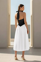Yellow Halter A Line Satin Pleated Tea Length Wedding Guest Dress - Curvevia