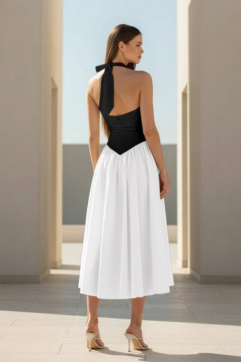 Yellow Halter A Line Satin Pleated Tea Length Wedding Guest Dress - Curvevia