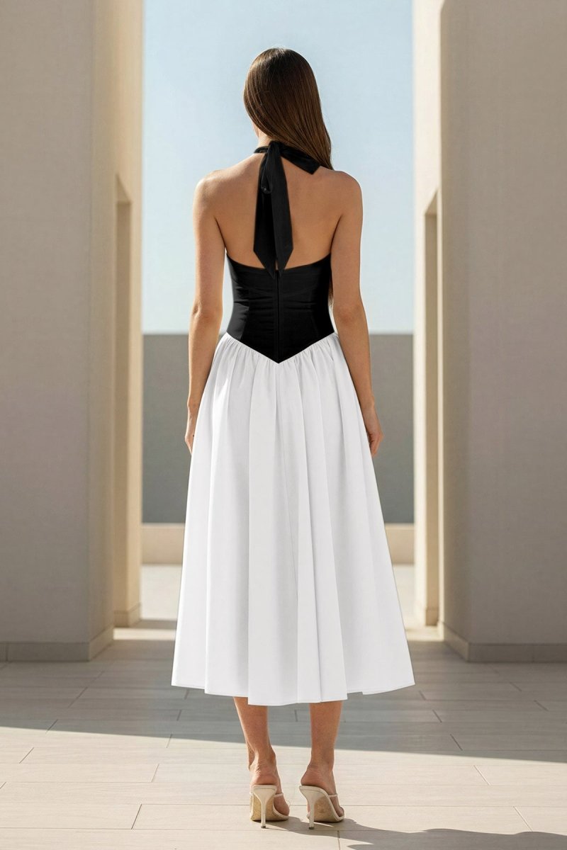 Yellow Halter A Line Satin Pleated Tea Length Wedding Guest Dress - Curvevia