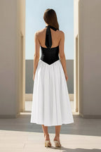 Yellow Halter A Line Satin Pleated Tea Length Wedding Guest Dress - Curvevia