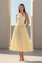 Yellow Halter A Line Satin Pleated Tea Length Wedding Guest Dress - Curvevia