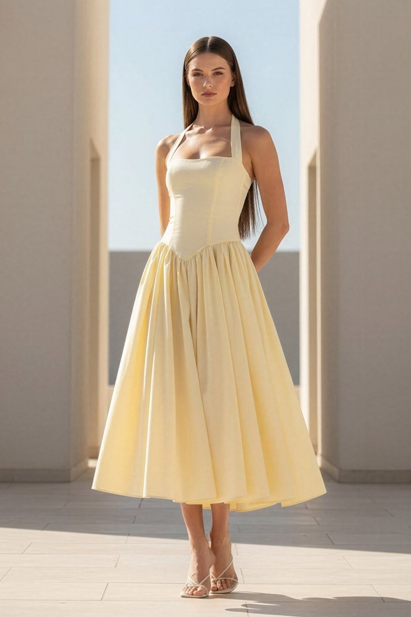 Yellow Halter A Line Satin Pleated Tea Length Wedding Guest Dress - Curvevia
