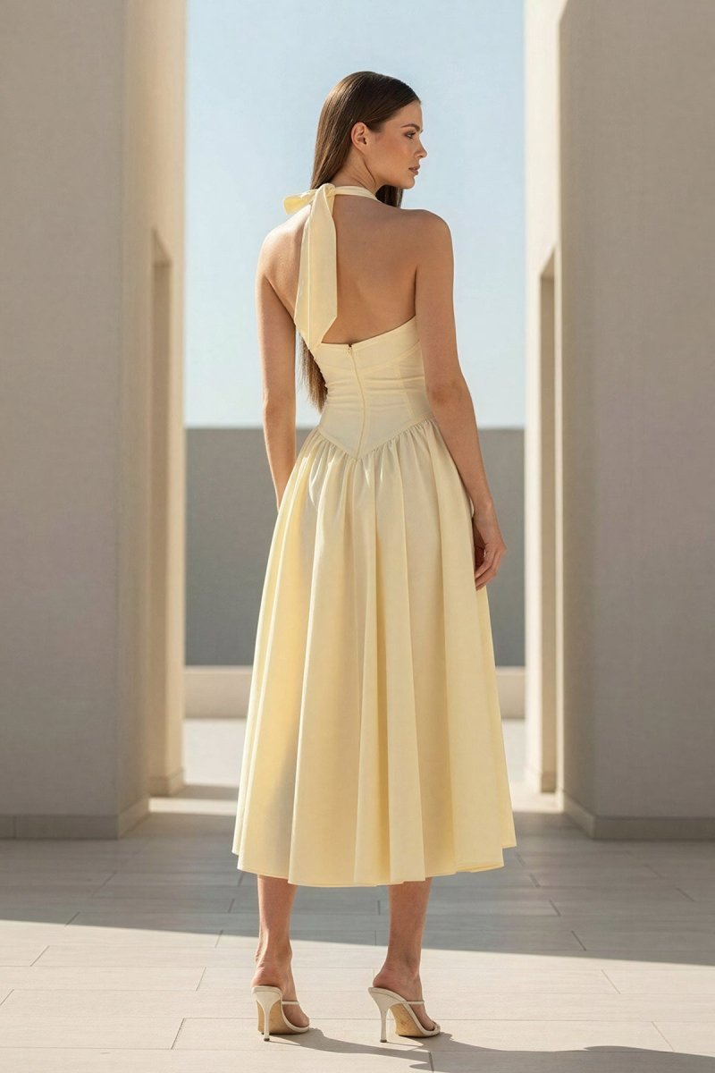 Yellow Halter A Line Satin Pleated Tea Length Wedding Guest Dress - Curvevia