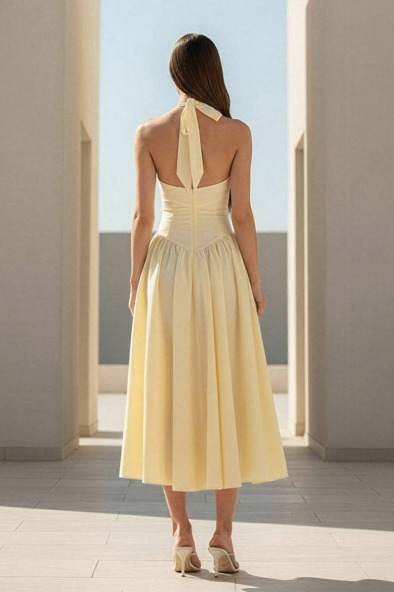 Yellow Halter A Line Satin Pleated Tea Length Wedding Guest Dress - Curvevia
