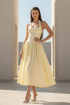 Yellow Halter A Line Satin Pleated Tea Length Wedding Guest Dress - Curvevia