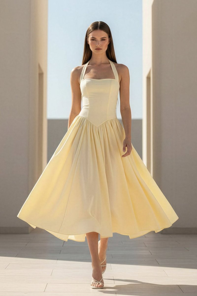 Yellow Halter A Line Satin Pleated Tea Length Wedding Guest Dress - Curvevia