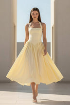Yellow Halter A Line Satin Pleated Tea Length Wedding Guest Dress - Curvevia