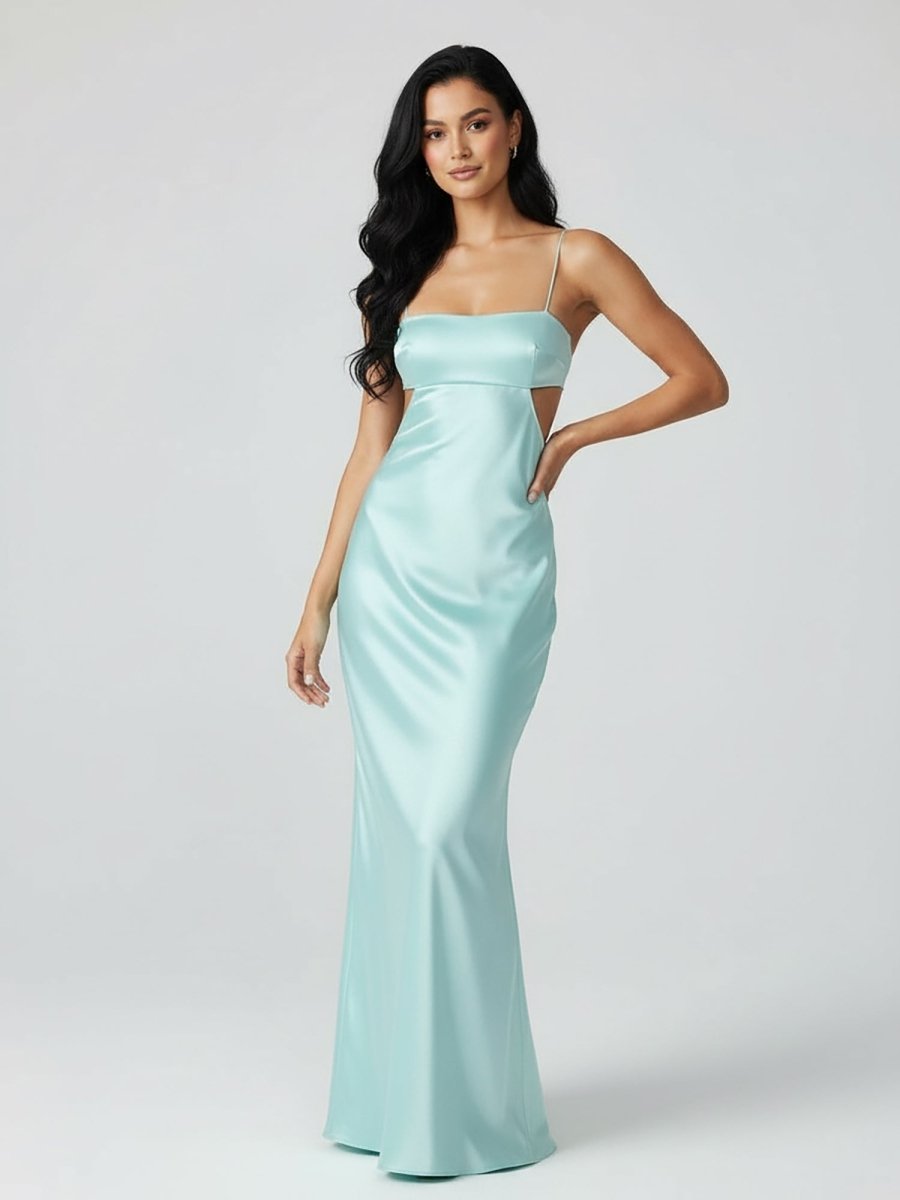 Spaghetti Straps Sheath Aqua Blue Evening Dress Formal Satin Party Dress - Curvevia