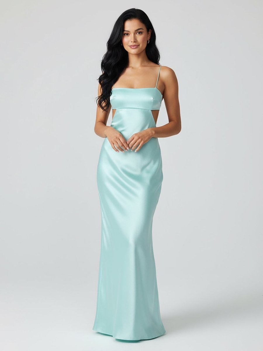 Spaghetti Straps Sheath Aqua Blue Evening Dress Formal Satin Party Dress - Curvevia