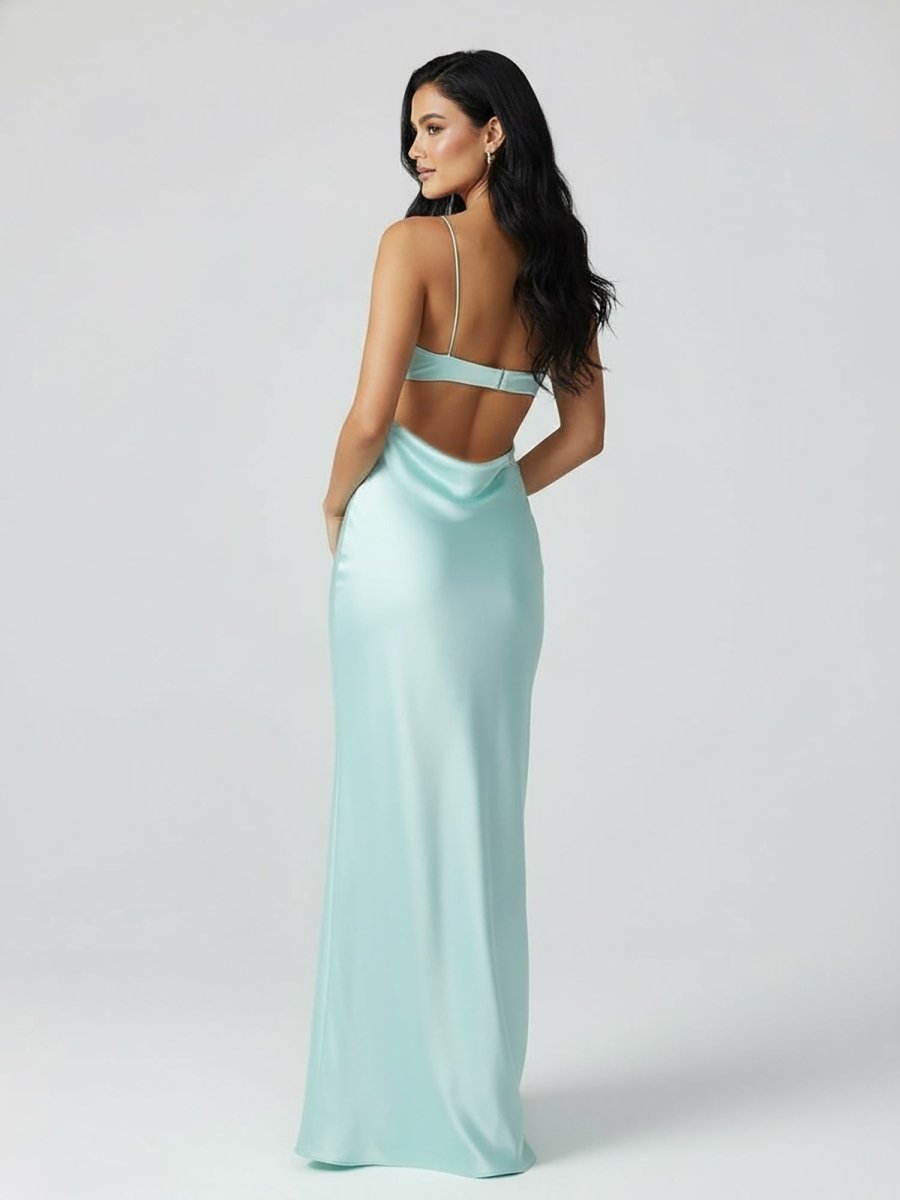 Spaghetti Straps Sheath Aqua Blue Evening Dress Formal Satin Party Dress - Curvevia