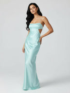 Spaghetti Straps Sheath Aqua Blue Evening Dress Formal Satin Party Dress - Curvevia