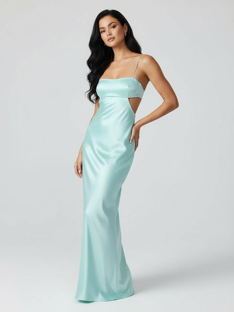 Spaghetti Straps Sheath Aqua Blue Evening Dress Formal Satin Party Dress - Curvevia